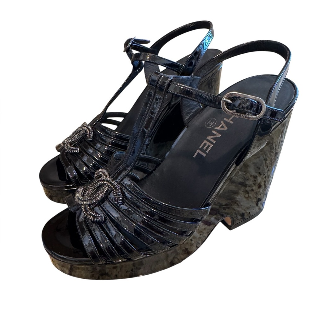 Chanel 12P Black Patent Leather CC Platform Sandals